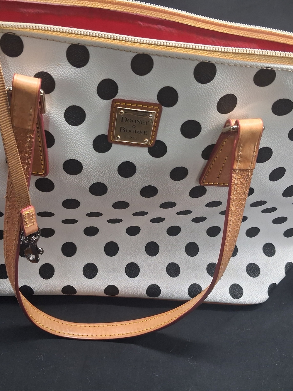 Dooney & Bourke Cream Tote with Black Polka Dots and Tan Leather Trim - Picture 2 of 12